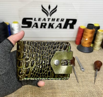 Premium Quality Handcrafted Dollar Size Genuine Leather Bi-Fold Wallet Green Button Closure