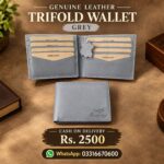 Genuine Leather Tri-Fold Wallet Navy Blue/Brown