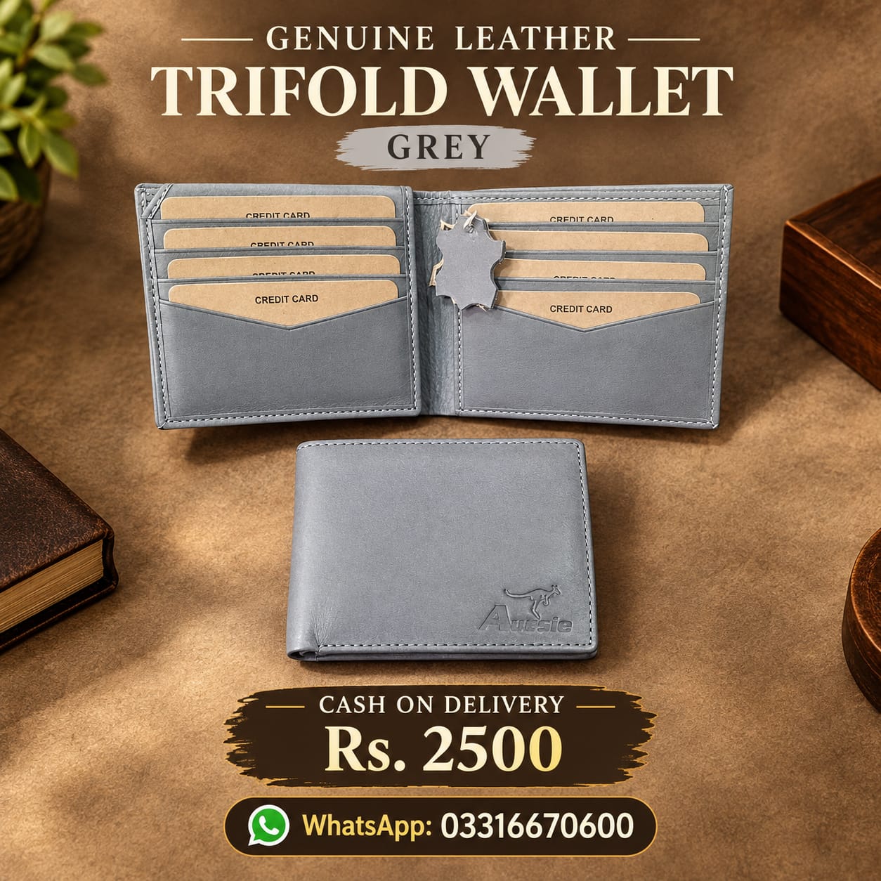 WhatsApp Image 2026-10-15 at 11.00.46 PM Genuine Leather Grey Tri-Fold Wallet for Men - Image 1